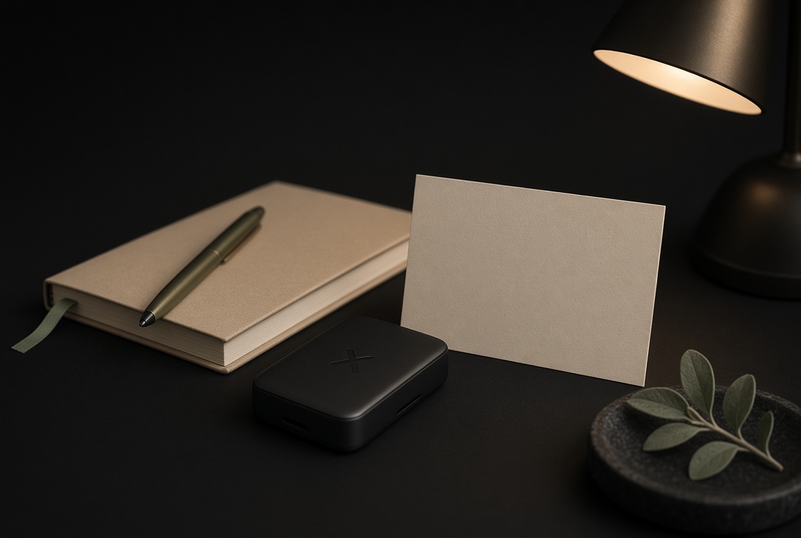 Nature morte Xify : carnet, wallet, carte sable